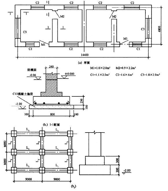 现浇框架办公楼,下页图(b1,b2)为其独立柱基础断面图和平面结构示意图