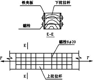 下弦拉杆接头处采用双钢夹板螺栓连接,如下图所示.木材顺纹受力.